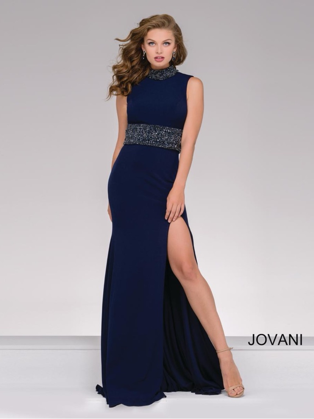 Jovani Navy High-Neck Beaded Waist Evening Gown
